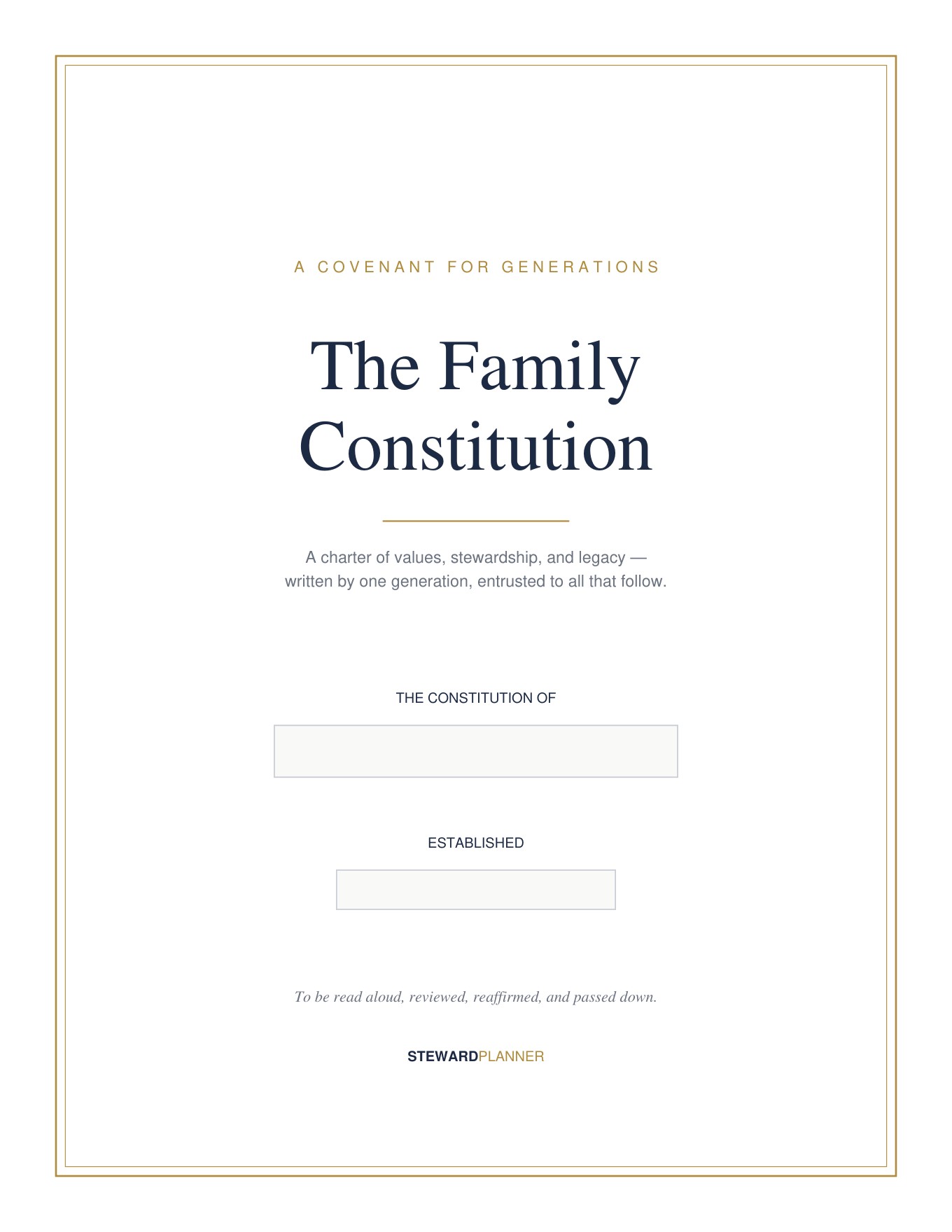 StewardPlanner Family Constitution — the printed cover page of a family covenant document