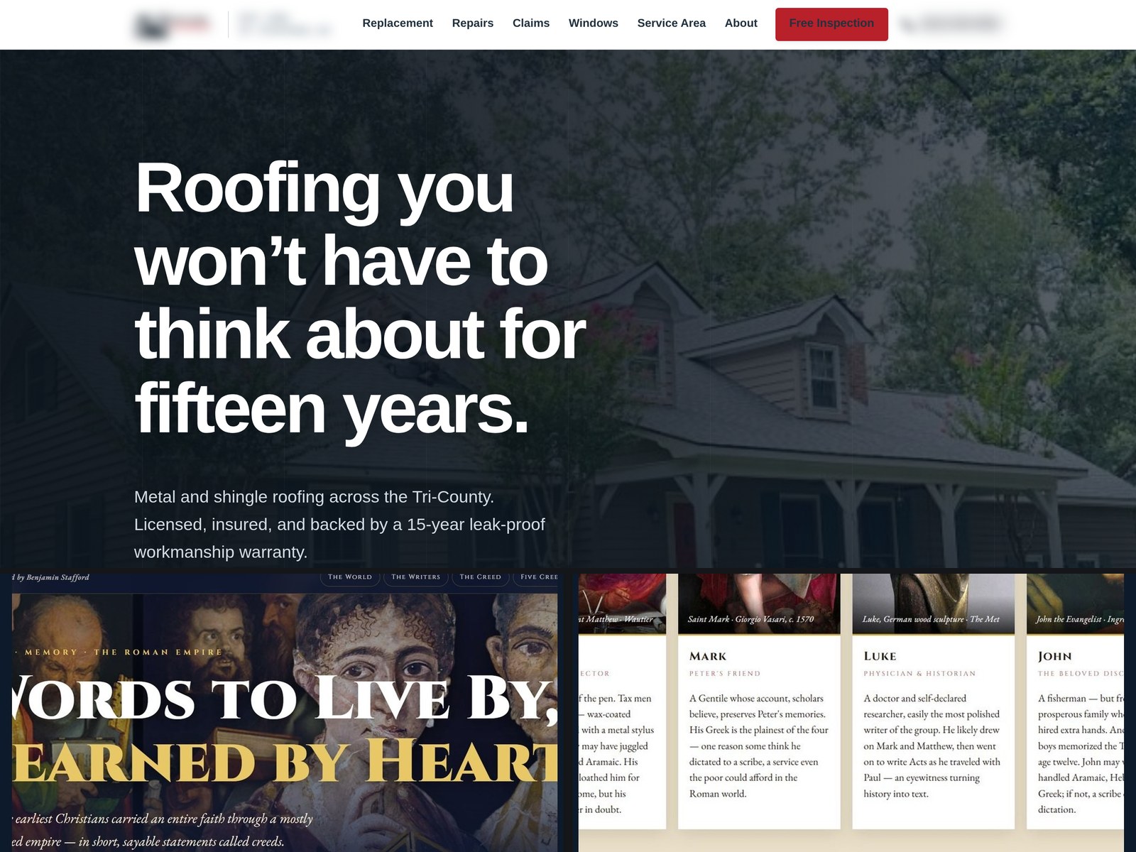A roofing contractor&rsquo;s landing page above the Credo long-form editorial site