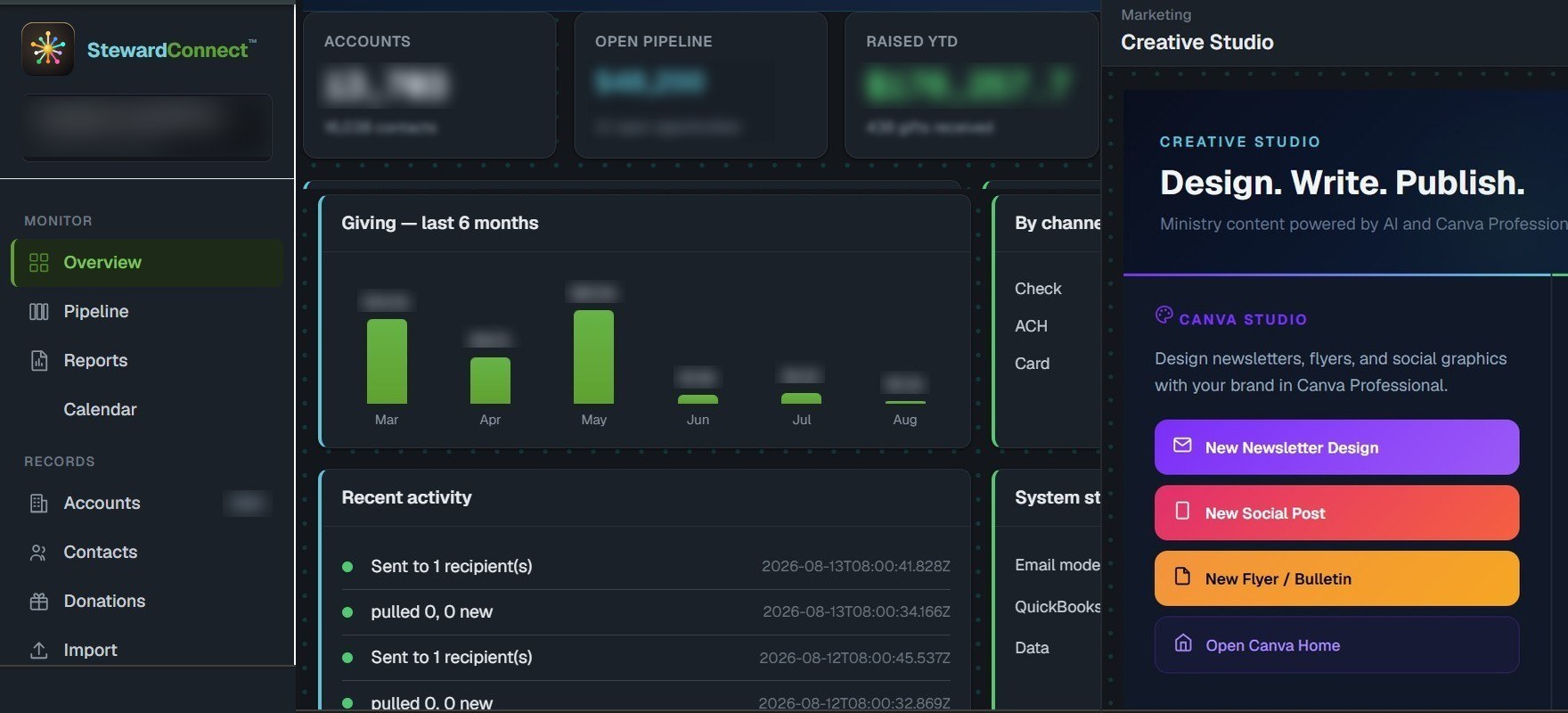 StewardConnect in production — the overview dashboard beside the Creative Studio