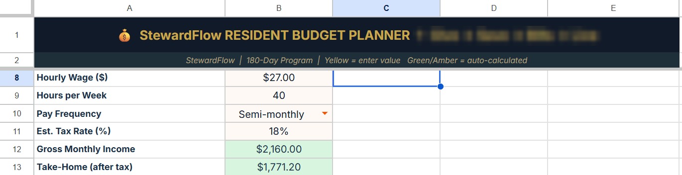 StewardFlow resident budget planner — auto-calculated allocations from take-home pay