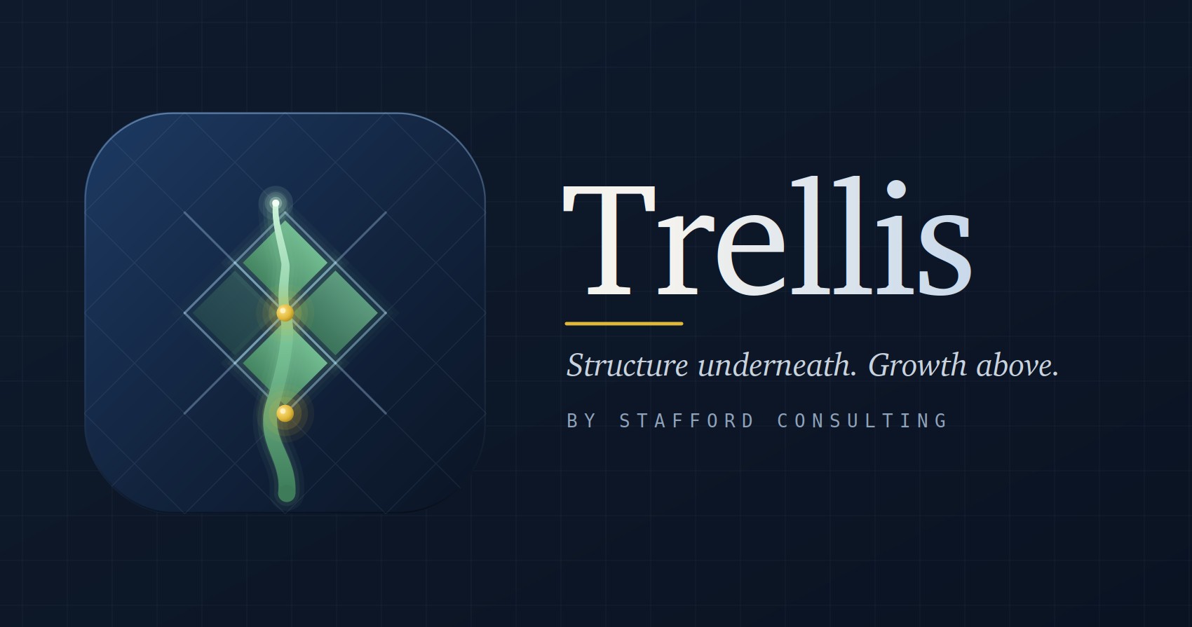 Trellis — the lattice-and-vine mark beside the wordmark and the line Structure underneath. Growth above.