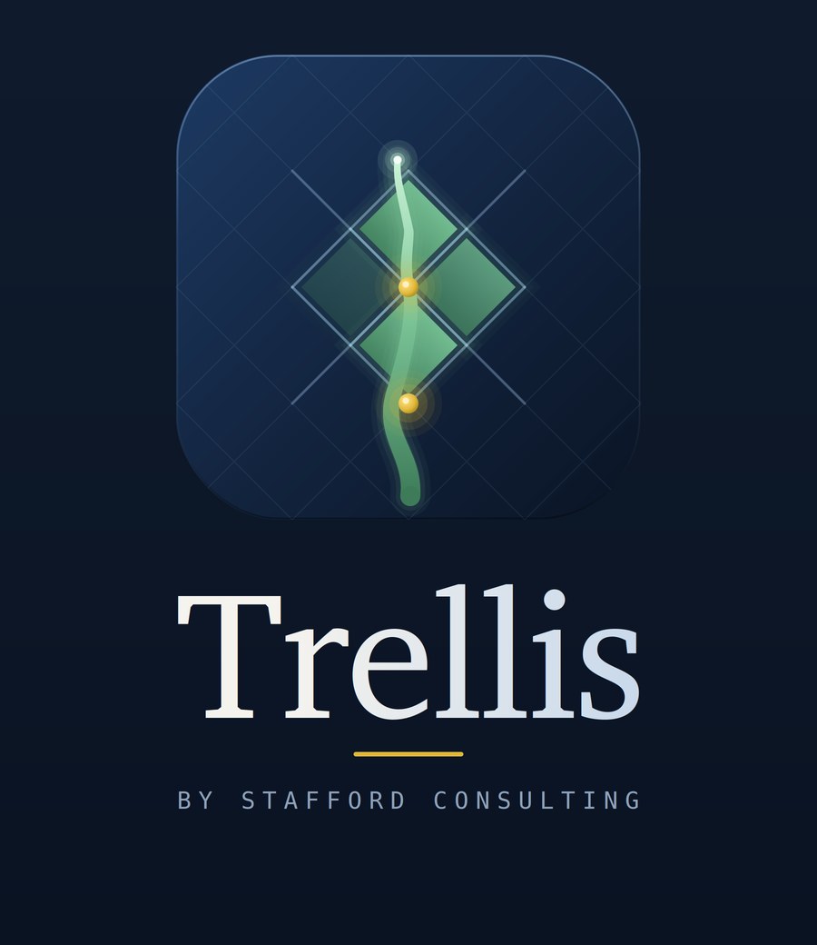 Trellis stacked lockup — mark above the wordmark, gold rule, By Stafford Consulting